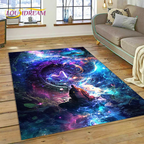 Colorful galaxy-themed rug on a wooden floor with a couch in the background