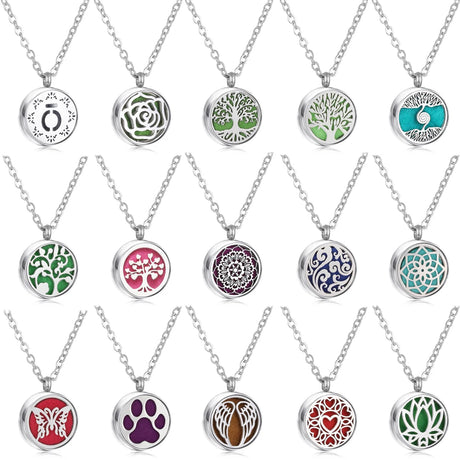 Collection of various necklaces with different pendant designs on a white background