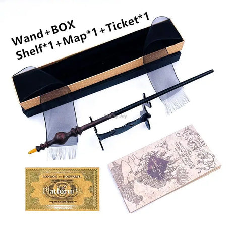 Harry Potter-themed set with wand, box, shelf, map, and ticket on a white background