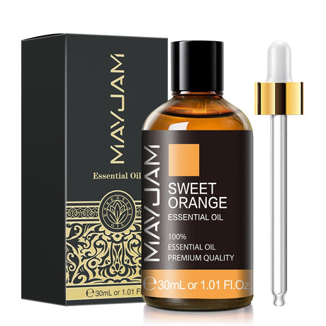 MayJam Sweet Orange essential oil bottle with dropper and packaging on a white background
