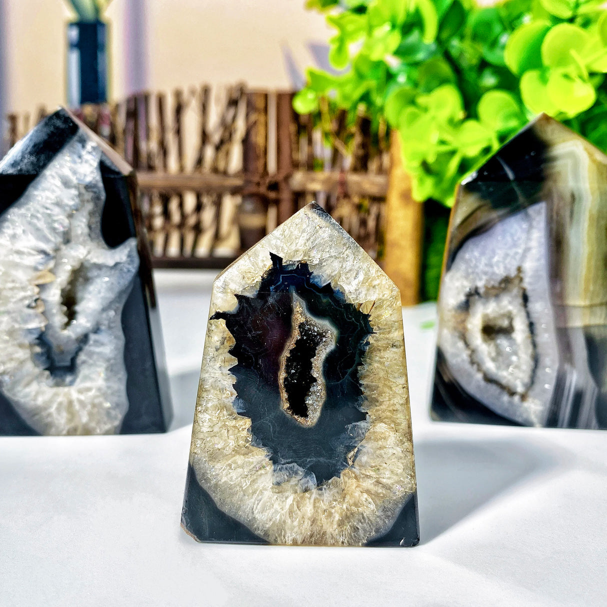 Geode crystal specimens on a white surface with blurred greenery in the background