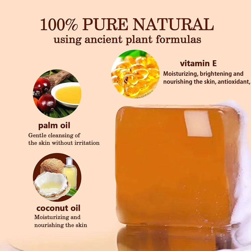 Bar of soap with ingredients and benefits on a beige background