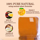 Bar of soap with ingredients and benefits on a beige background
