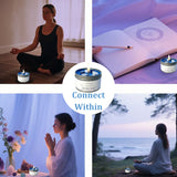 Collage of people meditating with 'Connect Within' candles and a book.