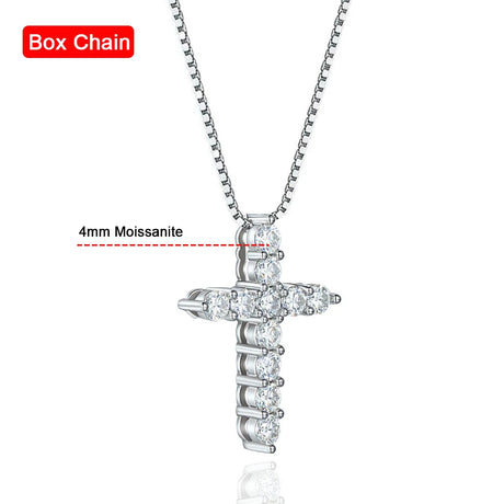Silver cross pendant necklace with 4mm Moissanite on a white background