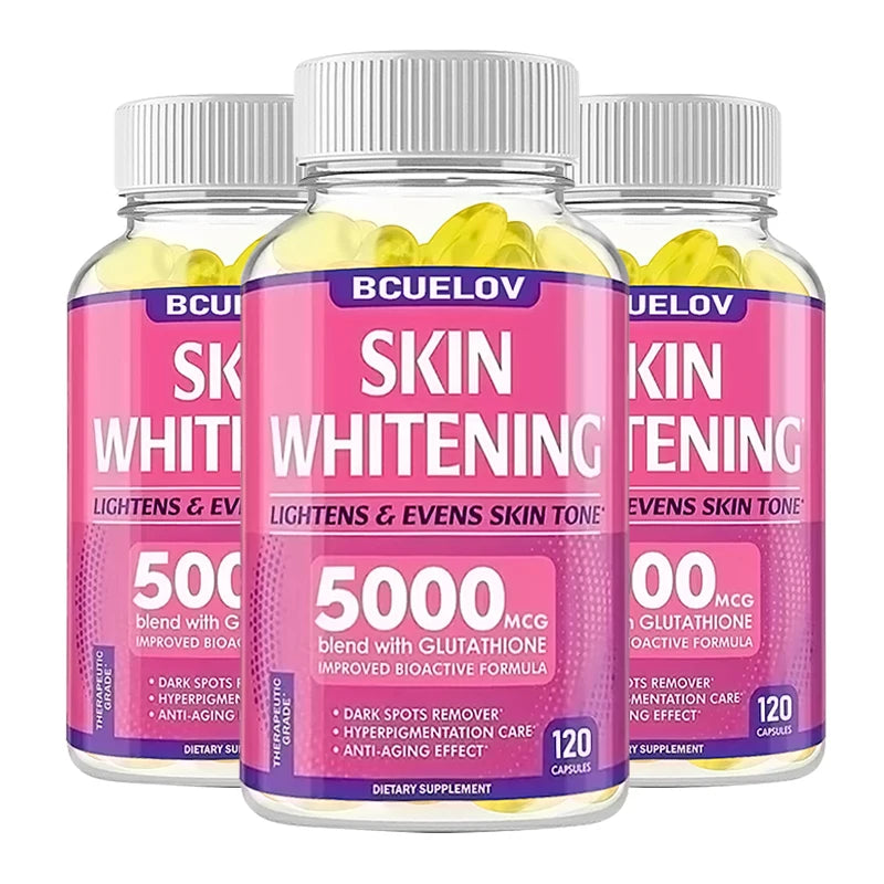 Three bottles of Bcuelov Skin Whitening supplement on a white background