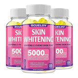 Three bottles of Bcuelov Skin Whitening supplement on a white background