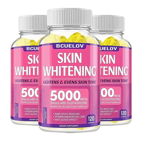 Three bottles of Bcuelov Skin Whitening supplement on a white background