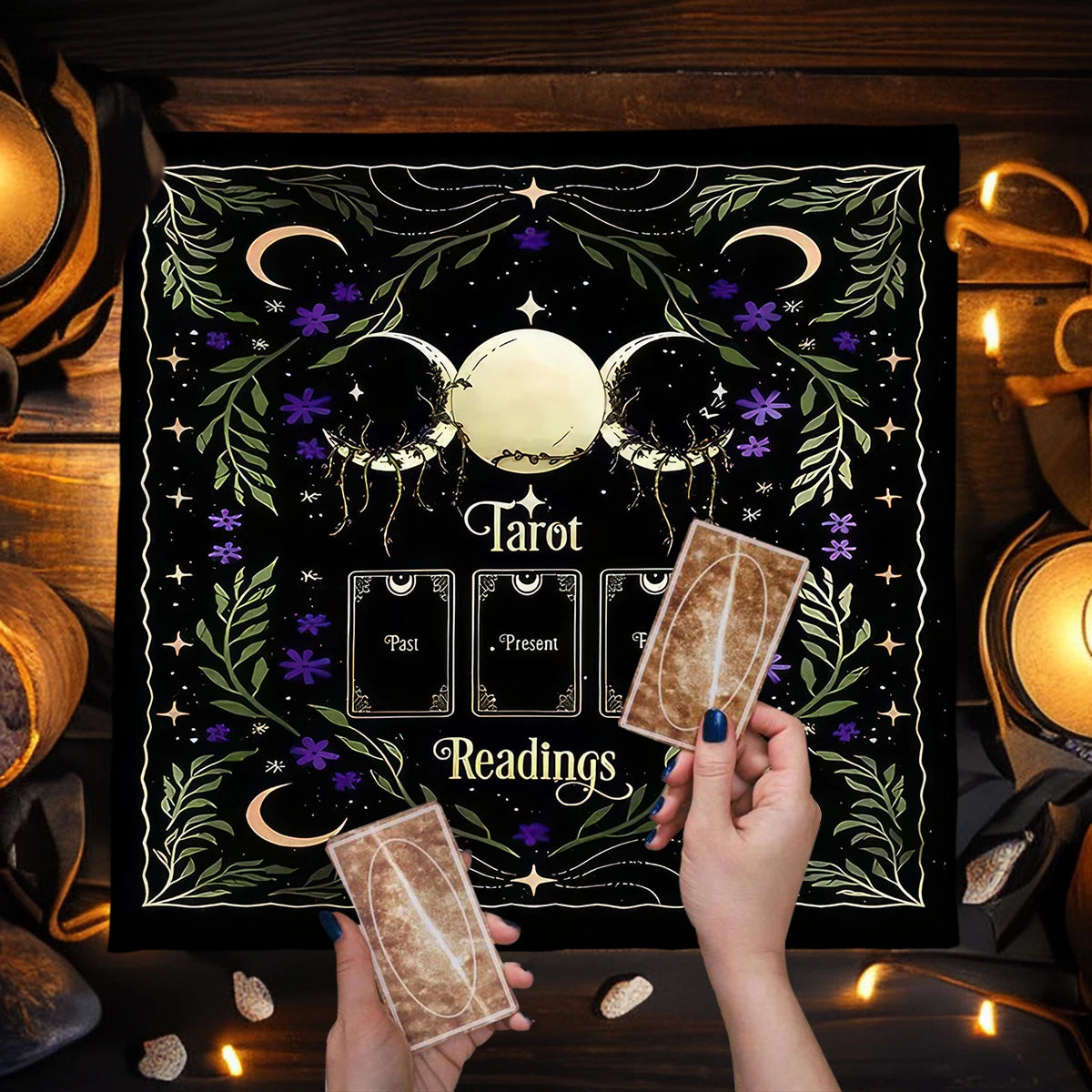Tarot card reading setup with tarot cards and a decorative sign in a cozy, candlelit setting.