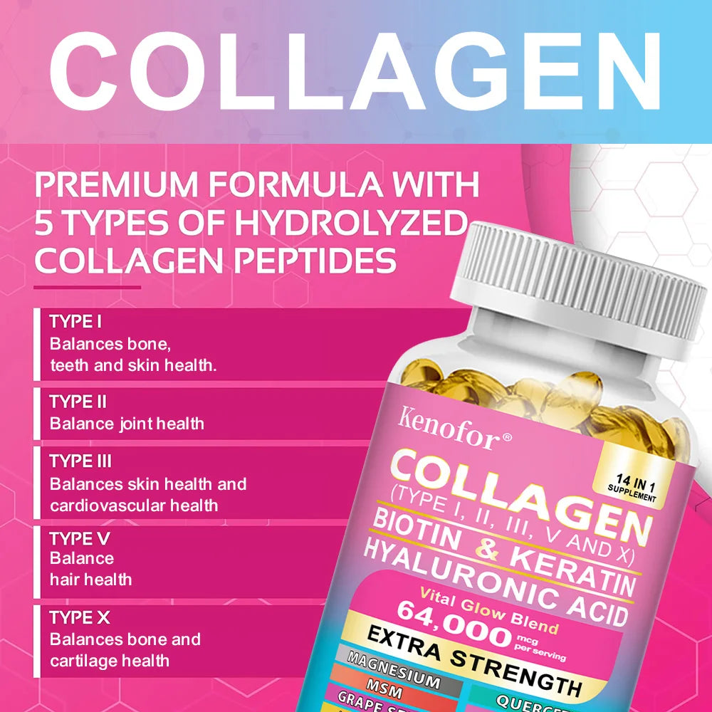 Bottle of Kenofor Collagen supplement with pink background and text about collagen types and benefits.