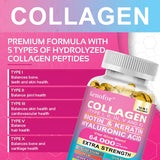 Bottle of Kenofor Collagen supplement with pink background and text about collagen types and benefits.