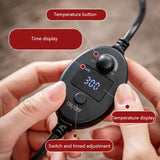 Digital controller with temperature and time display held by hands, labeled parts shown.