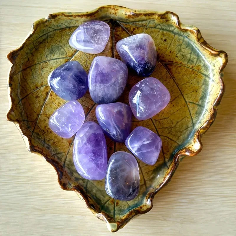 Purple crystals on a leaf-shaped ceramic dish
