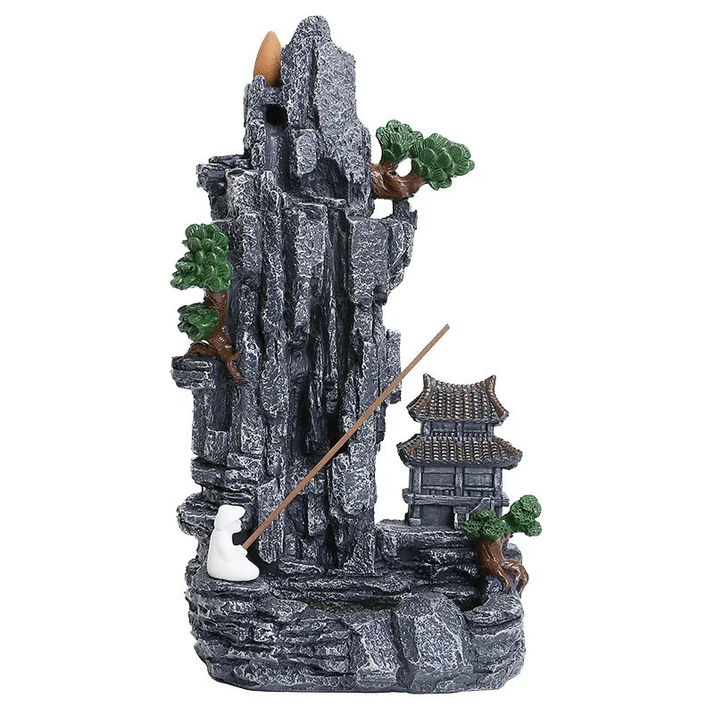 Decorative mountain with a pagoda, trees, and a staff on a white background