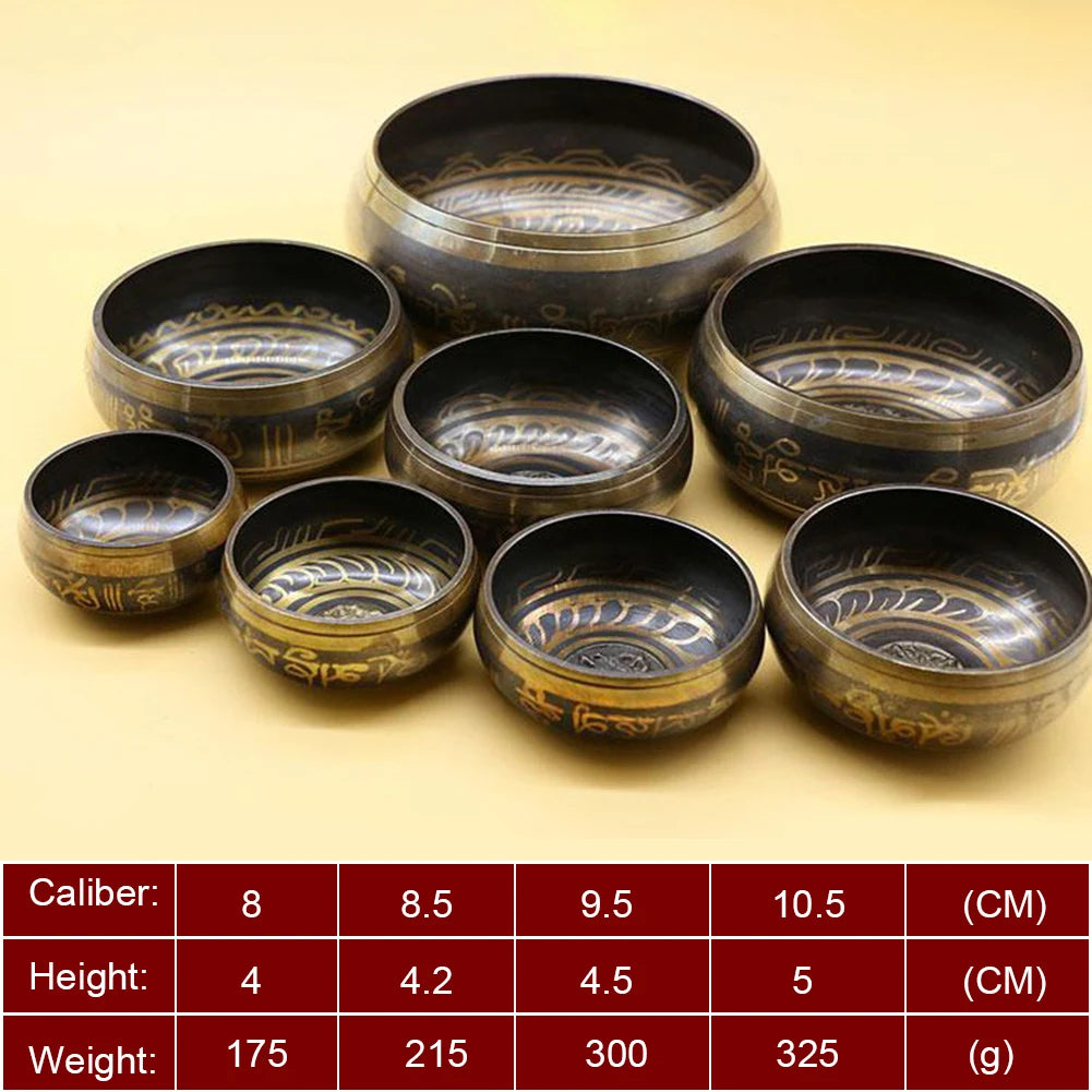 Set of bronze singing bowls with size chart on a beige background