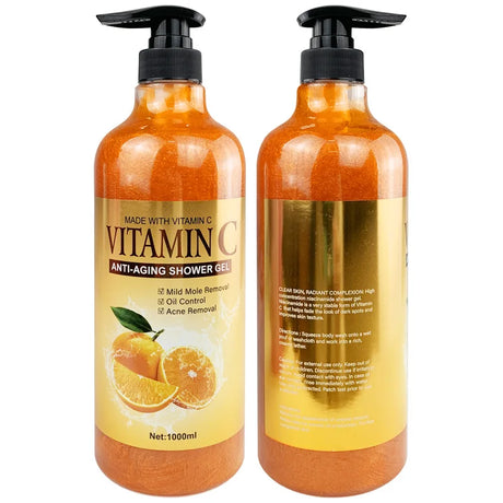 Two bottles of Vitamin C anti-aging shower gel on a white background