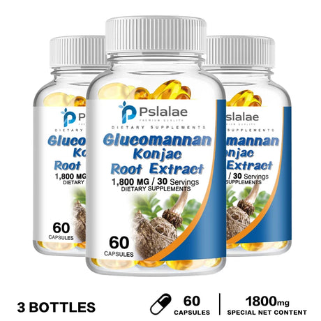 Three bottles of Psalae Glucomannan Konjac Root Extract on a white background