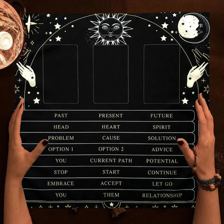 Black tarot board with white designs and text, held by two hands on a wooden surface.