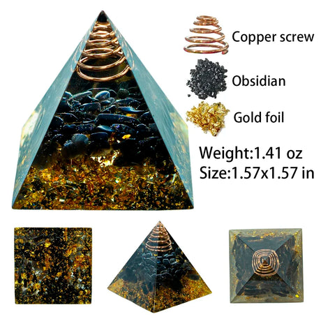 Pyramid-shaped object with copper screw, obsidian, and gold foil components, labeled with their names and specifications.