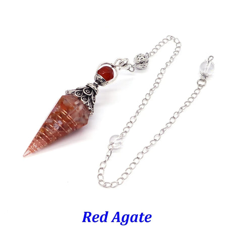 Red agate pendant on a silver chain with 'Red Agate' text below.