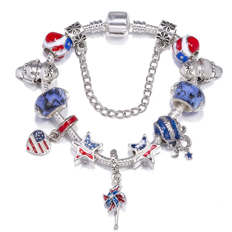 Bracelet with patriotic charm beads on a white background