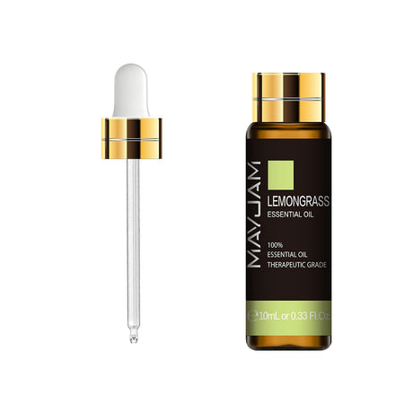 Mayjam Lemongrass essential oil bottle with dropper on a white background