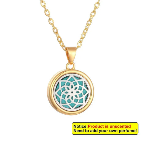 Gold necklace with a turquoise pendant on a white background