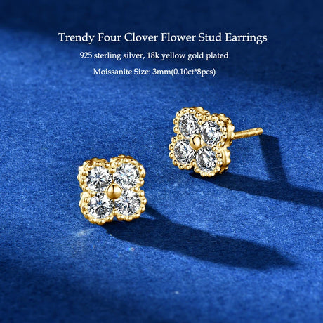 Trendy four clover flower stud earrings on a blue background