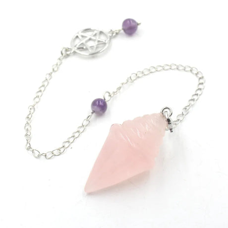 Bracelet with pink cone-shaped charm and purple beads on a white background