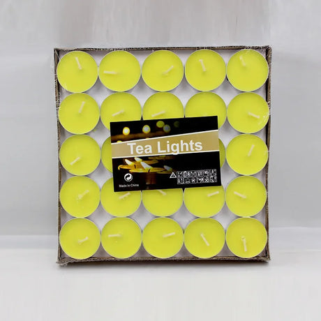 Box of yellow tea lights with a visible brand label on a white background