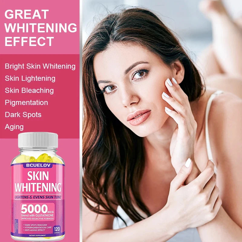Woman touching her skin next to a skin whitening supplement bottle with promotional text on a pink background.