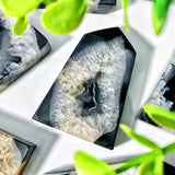 Close-up of a crystal with a central cavity, surrounded by green leaves.