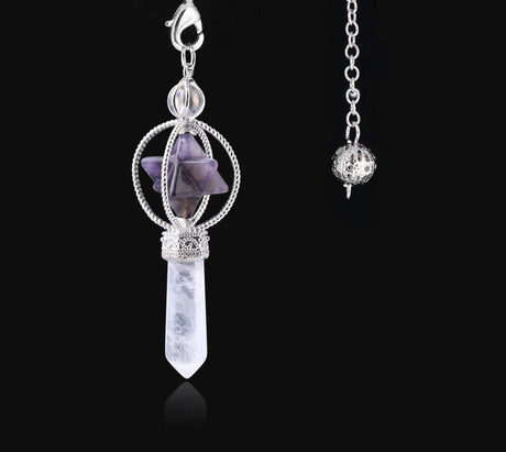 Crystal pendant necklace with purple stone on a black background