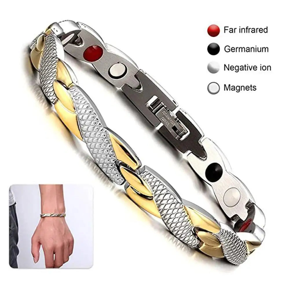 Two metallic bracelets with different colored stones on a white background, showing a close-up of one bracelet on a wrist.