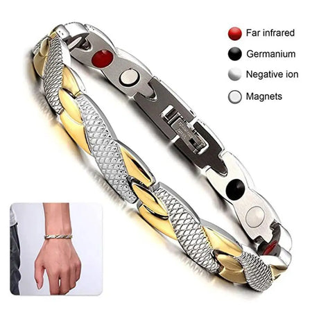 Two metallic bracelets with different colored stones on a white background, showing a close-up of one bracelet on a wrist.