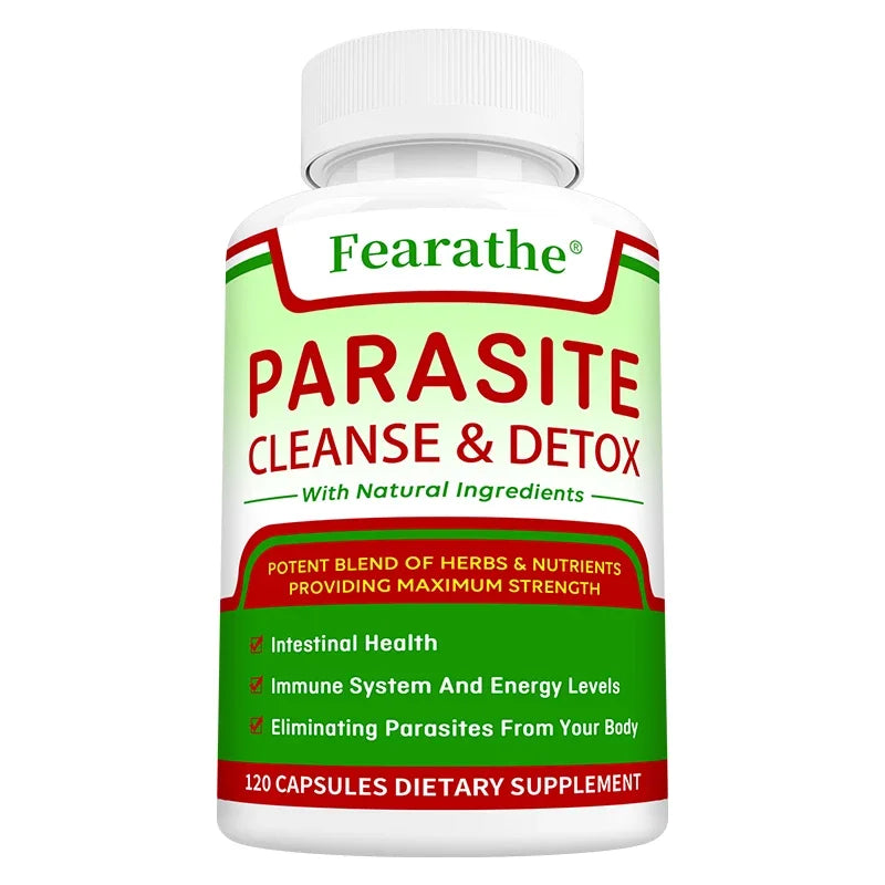 Supplement bottle labeled 'Parasite Cleanse & Detox' by Fearathe on a white background