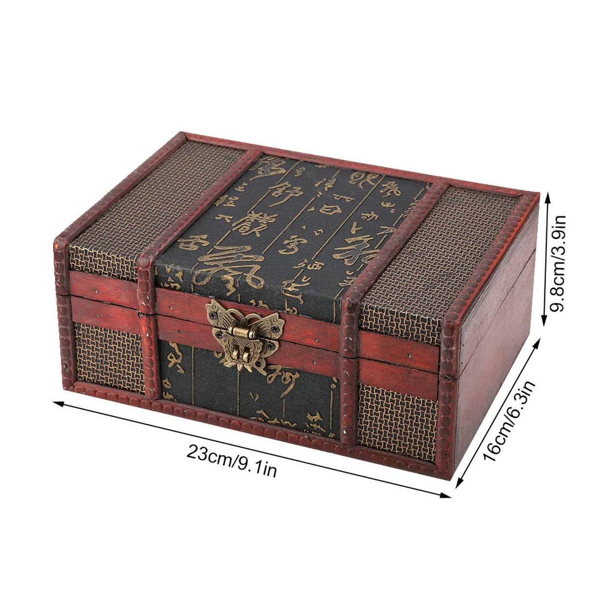 Vintage-style jewelry box with dimensions on a white background