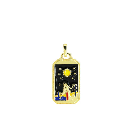 Gold pendant with a black background featuring a sun and a figure, on a white background.