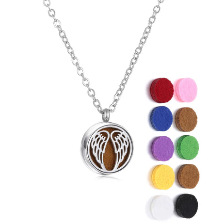 Necklace with angel wing pendant and colorful felt pads on a white background