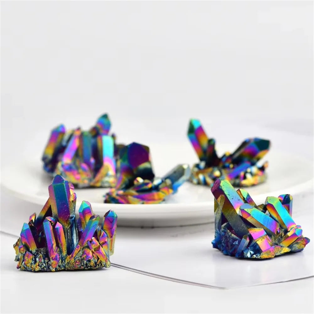 Colorful crystal-like objects on a white surface