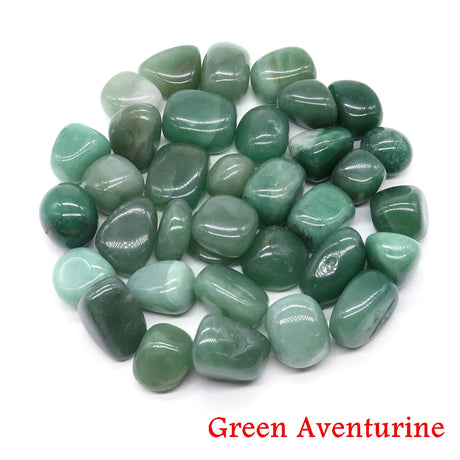 Green aventurine stones on a white background with 'Green Aventurine' text.