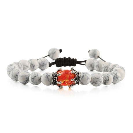 Bracelet with white beads and a colorful clasp on a white background