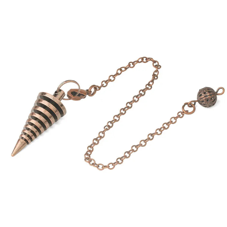Bronze spiral pendant on a chain against a white background