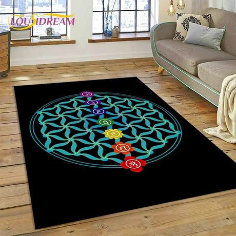 Decorative rug with a colorful circular design on a wooden floor in a living room.