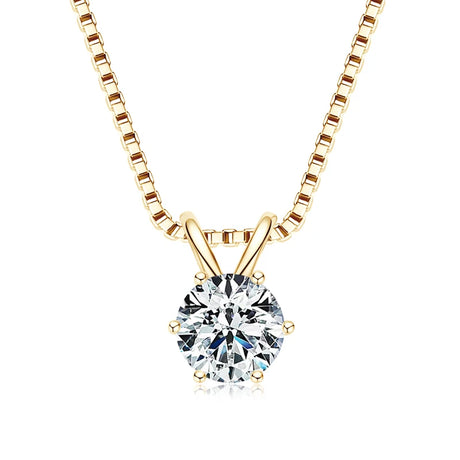 Gold necklace with a round diamond pendant on a white background