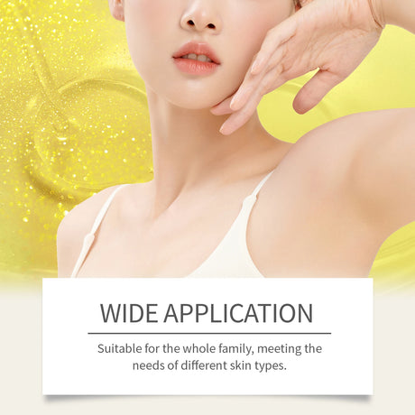 Woman applying skincare product with text 'Wide Application' on a yellow gradient background