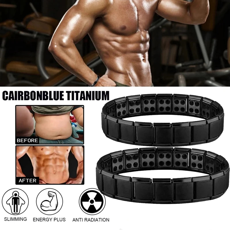 Black titanium bracelet with before and after images of a person, set against a blurred gym background.