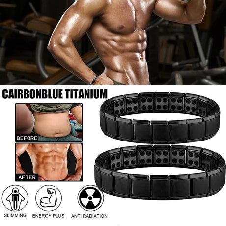 Black titanium bracelet with before and after images of a person, set against a blurred gym background.