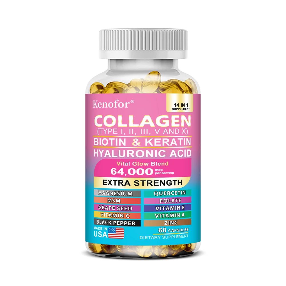 Bottle of Kenofor collagen supplement with colorful label on a white background