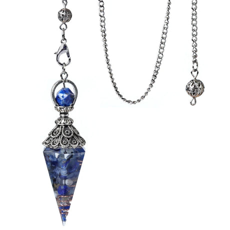 Blue crystal pendant on a silver chain against a white background